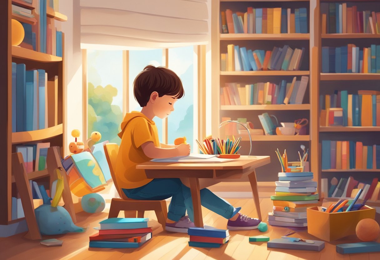 A young child sits at a desk, surrounded by books and educational toys. The room is filled with natural light, creating a warm and inviting atmosphere