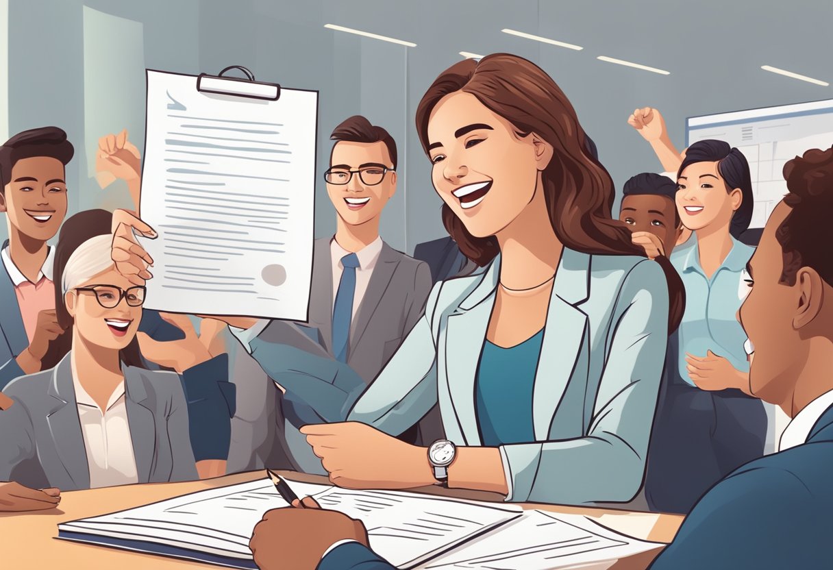 A young woman signs her first major contract, surrounded by cheering colleagues