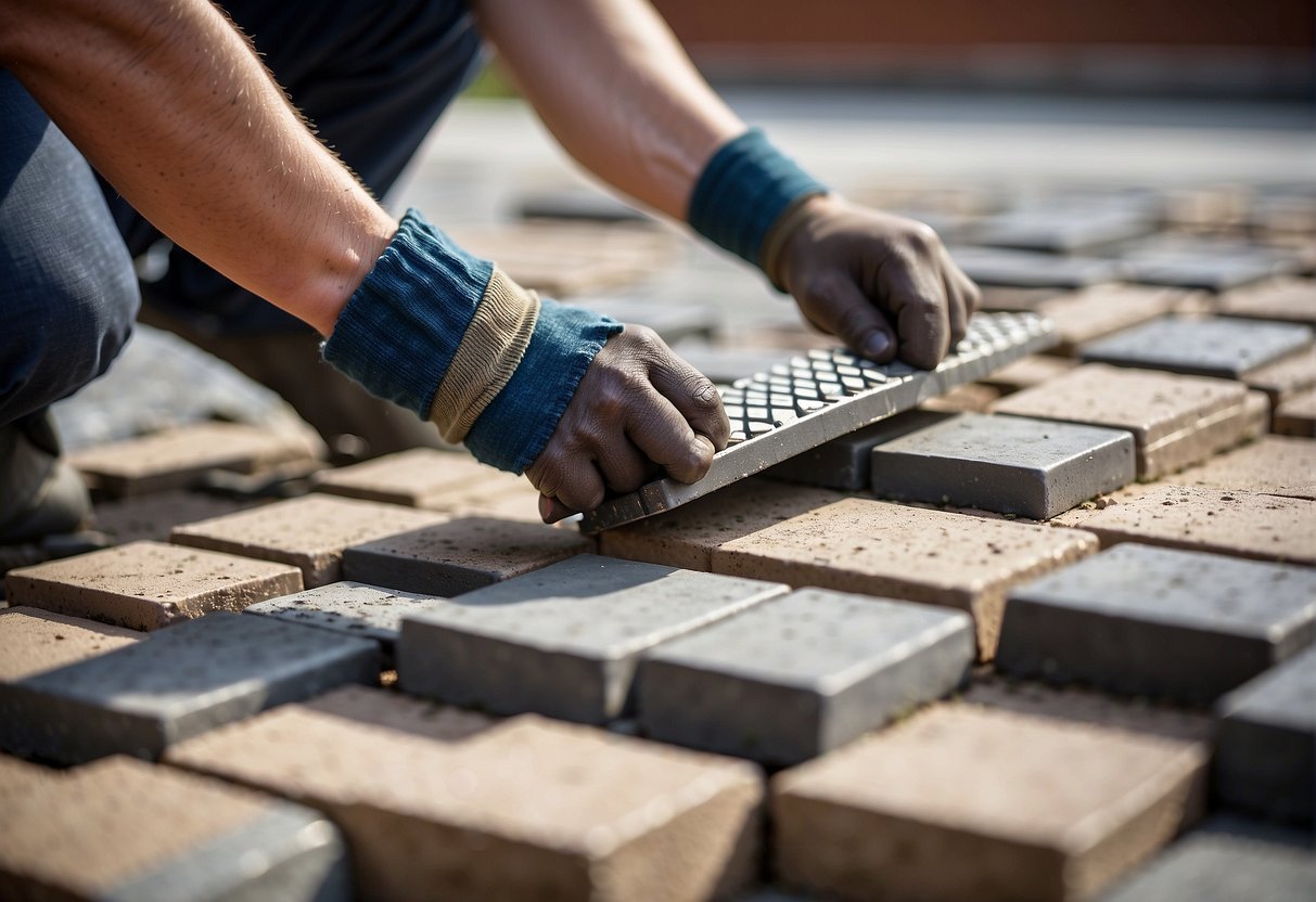 A person is laying stone pavers on a prepared base, ensuring each piece is level and tightly packed. They are using a rubber mallet to tap the pavers into place and a level to check for evenness