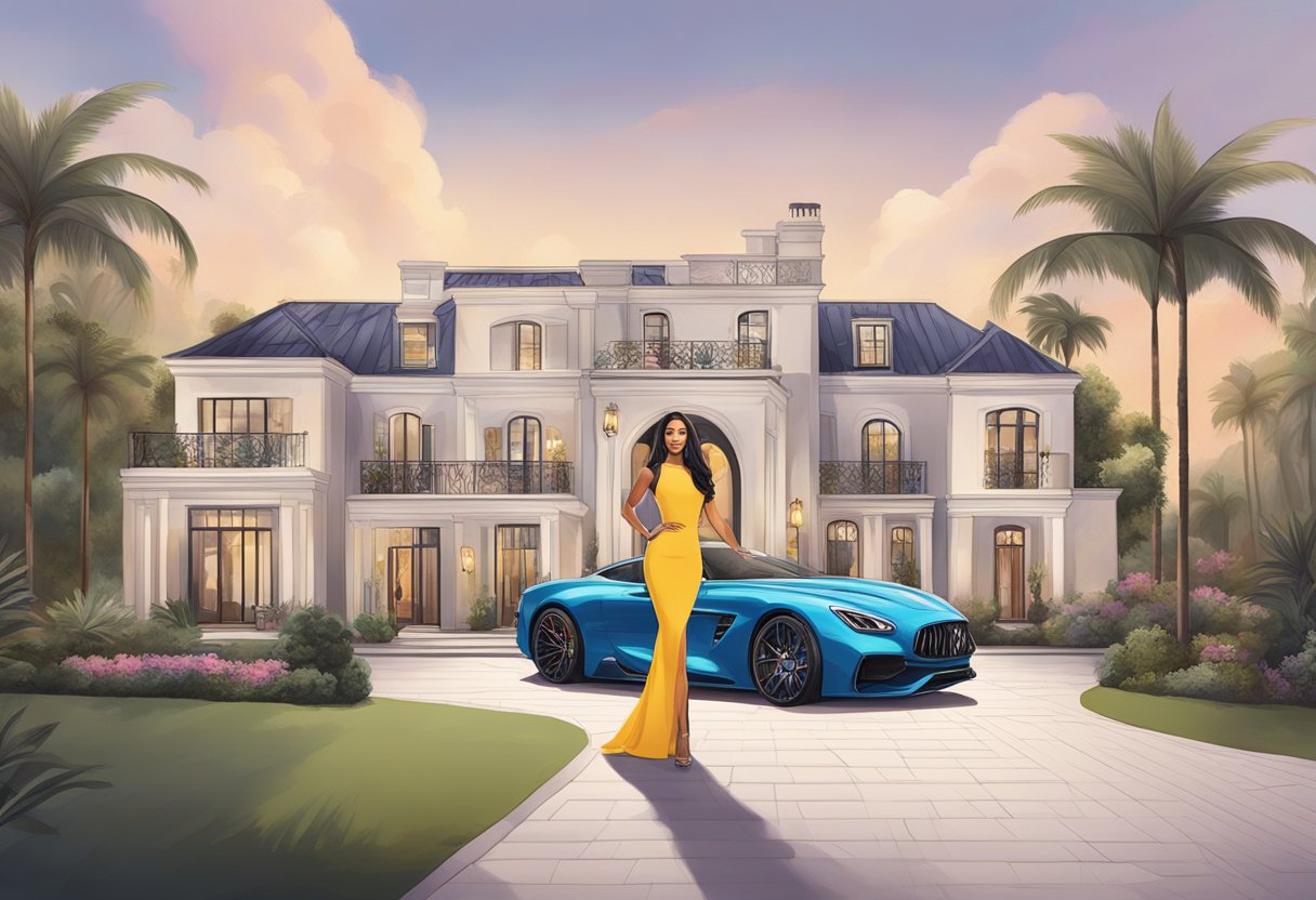 Chelsie Deville's net worth is depicted through a luxurious mansion, expensive cars, and designer clothing, showcasing her wealth and success