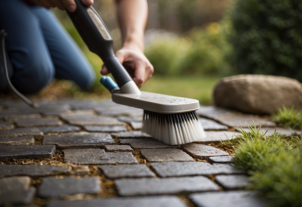 Do: Brush away debris. Don't: Use acidic cleaners. Show a stone paver being brushed clean, with a bottle of acidic cleaner crossed out