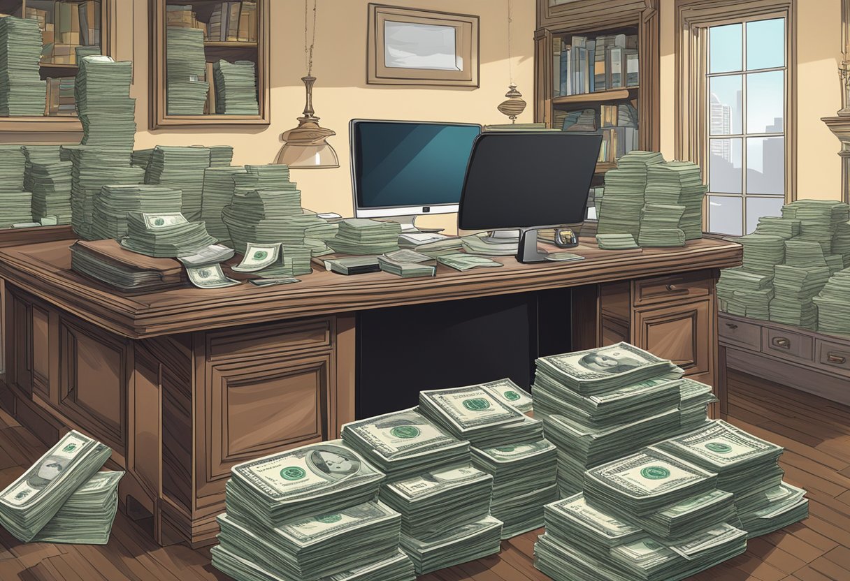 Chelsie Deville's net worth is depicted through stacks of cash, luxury items, and financial documents arranged on a lavish desk