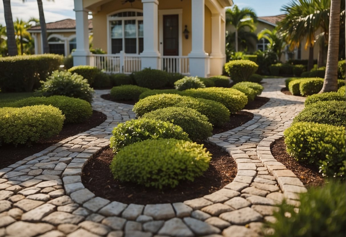 A neatly arranged stone paver walkway leading to a charming house with lush landscaping in Fort Myers