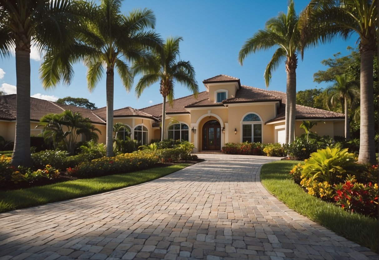 A well-maintained driveway lined with stone pavers in Fort Myers, with lush landscaping and a beautiful architectural design, exuding elegance and enhancing the curb appeal of the property