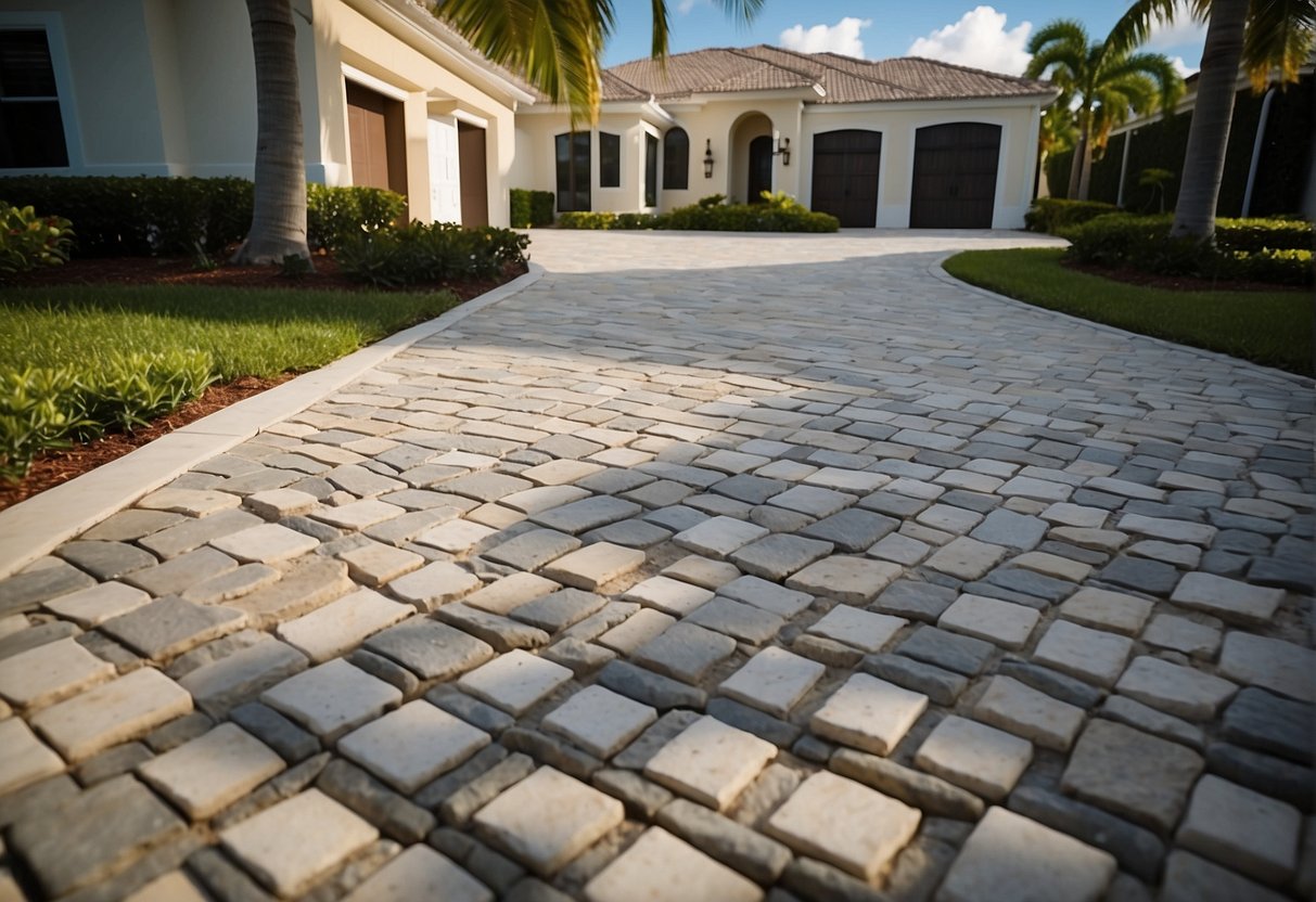 A residential driveway in Fort Myers featuring stone pavers arranged in an intricate pattern, bordered by lush greenery and complemented by a matching stone walkway leading to the front entrance