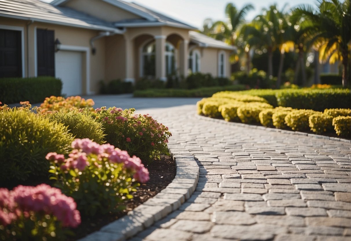 A landscaped driveway with stone pavers in Fort Myers, Florida, under the warm sun, surrounded by lush greenery and vibrant flowers