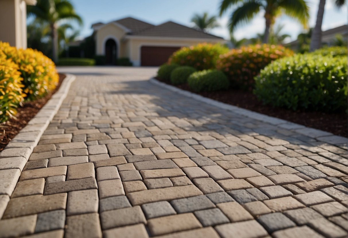 A driveway lined with stone pavers in Fort Myers, showcasing upgraded curb appeal. Greenery and flowers border the pathway, adding a touch of natural beauty