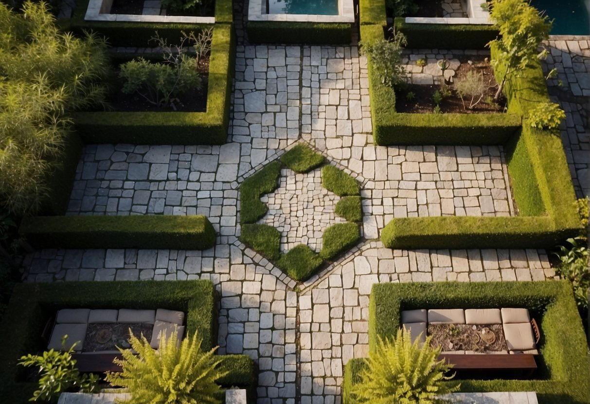 Aerial view of stone pavers arranged in various patterns and designs, surrounded by lush greenery and complemented by outdoor furniture and decor