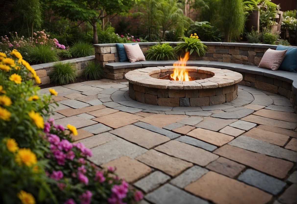 Stone pavers arranged in various patterns, surrounded by lush greenery and colorful flowers. A patio area with a fire pit and outdoor seating, creating a welcoming and serene atmosphere