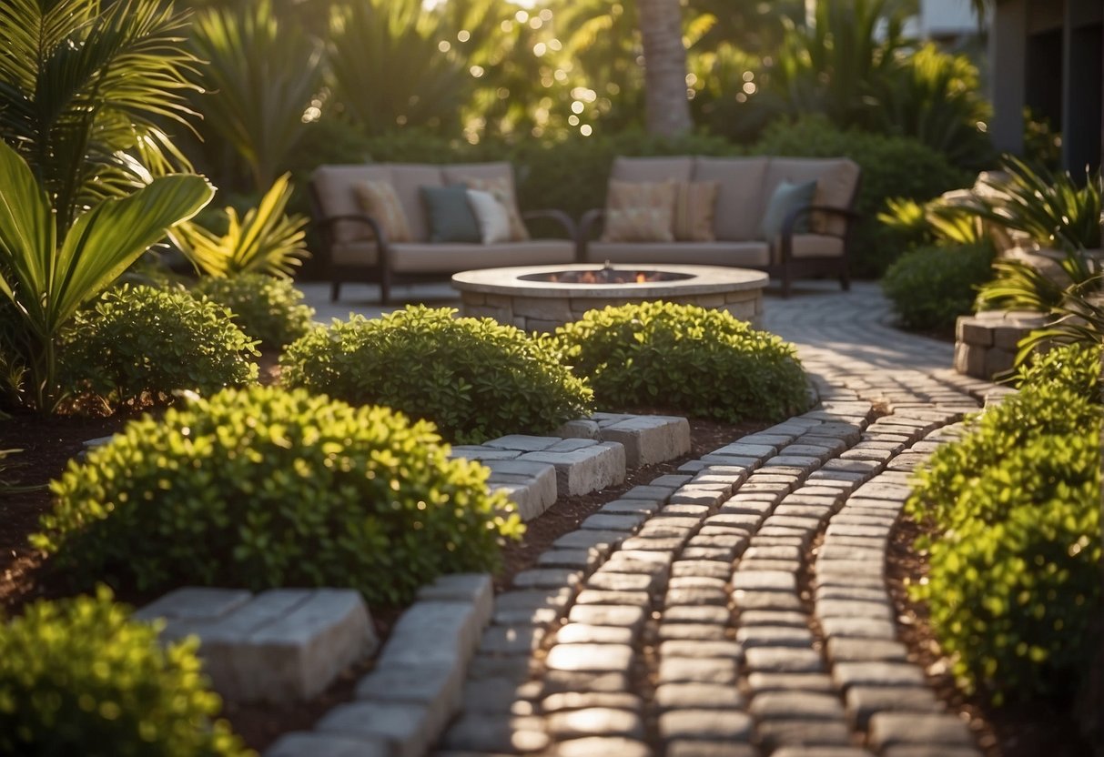 A stone paver pathway winding through a lush garden, leading to a cozy outdoor seating area with a fire pit surrounded by stone pavers in Fort Myers