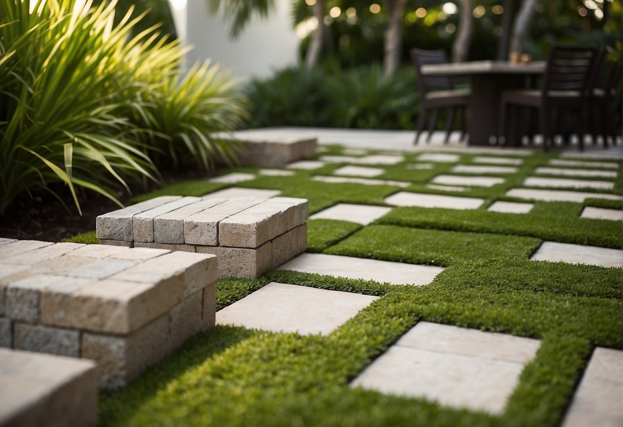 Stone pavers arranged in a geometric pattern, surrounded by lush greenery and complemented by modern outdoor furniture. A durable and low-maintenance design for a Fort Myers outdoor space