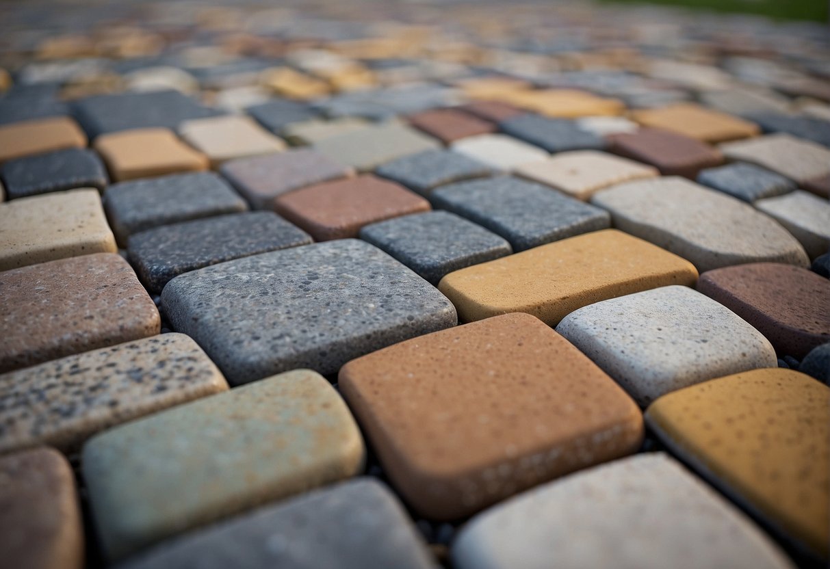 A variety of stone pavers are arranged in a driveway, showcasing different colors and textures. The durability of each type is evident through their weathered appearance