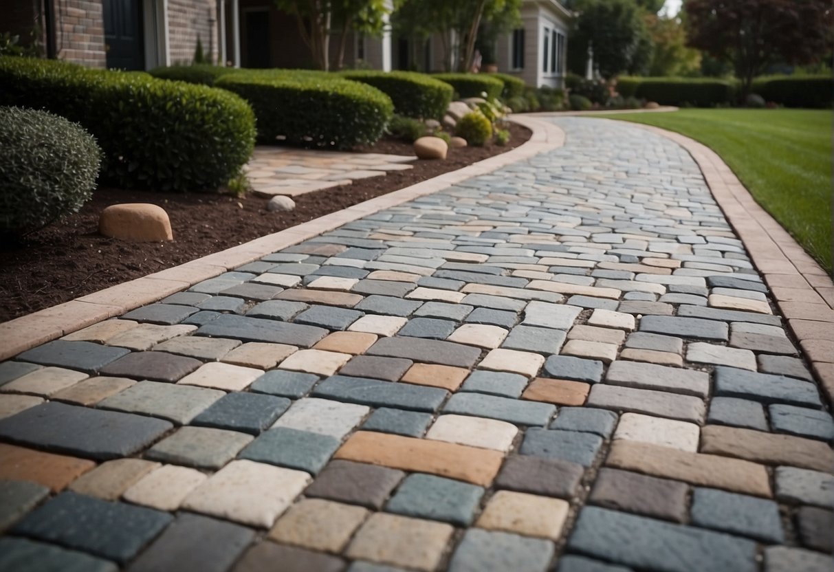 A driveway made of stone pavers, with varying colors and textures, leading up to a modern home. The pavers are arranged in a durable and visually appealing pattern, creating a sleek and inviting entrance