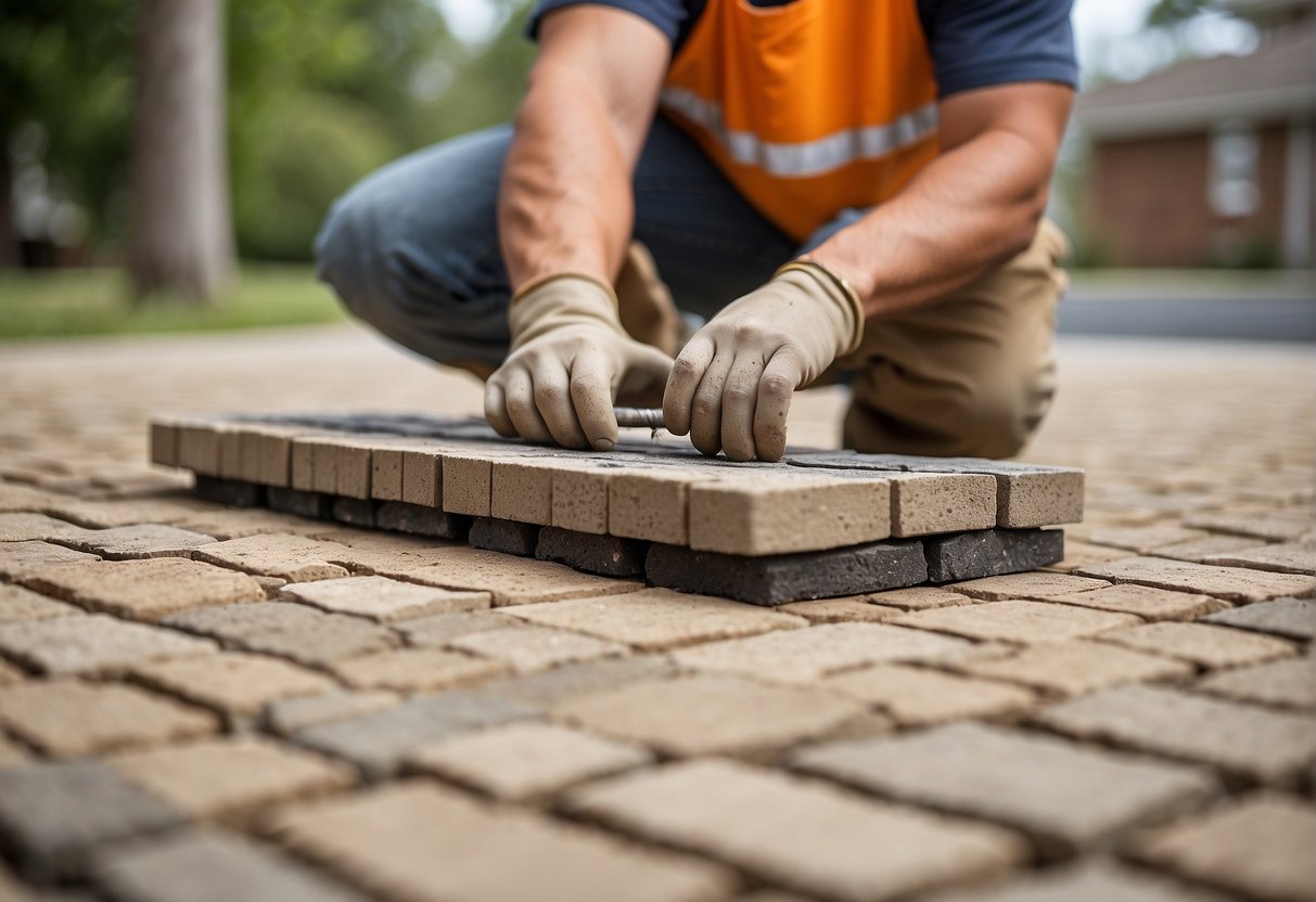 A worker lays stone pavers in a driveway, carefully aligning each piece for durability. Sand is spread and compacted between the pavers for stability