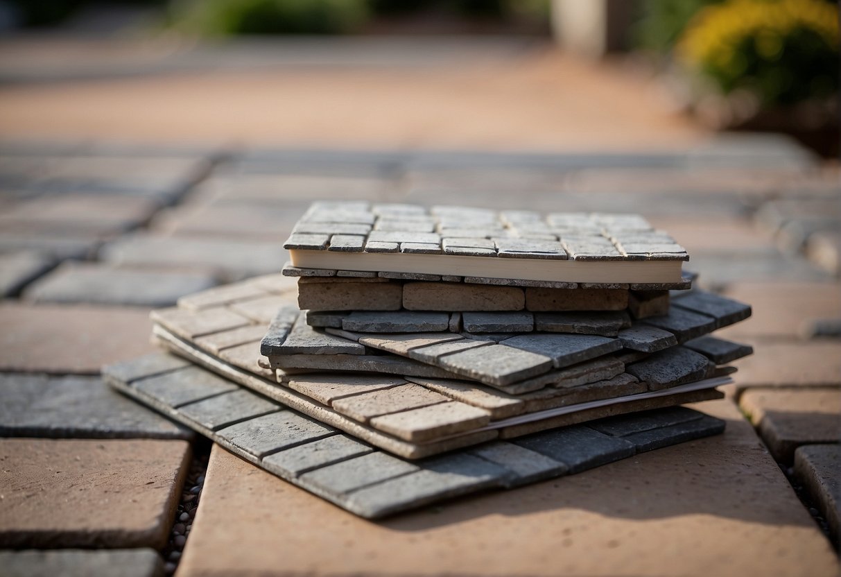 A pile of various stone pavers sits next to a driveway, with a measuring tape and notebook nearby. The pavers show signs of wear and weathering, indicating their durability over time