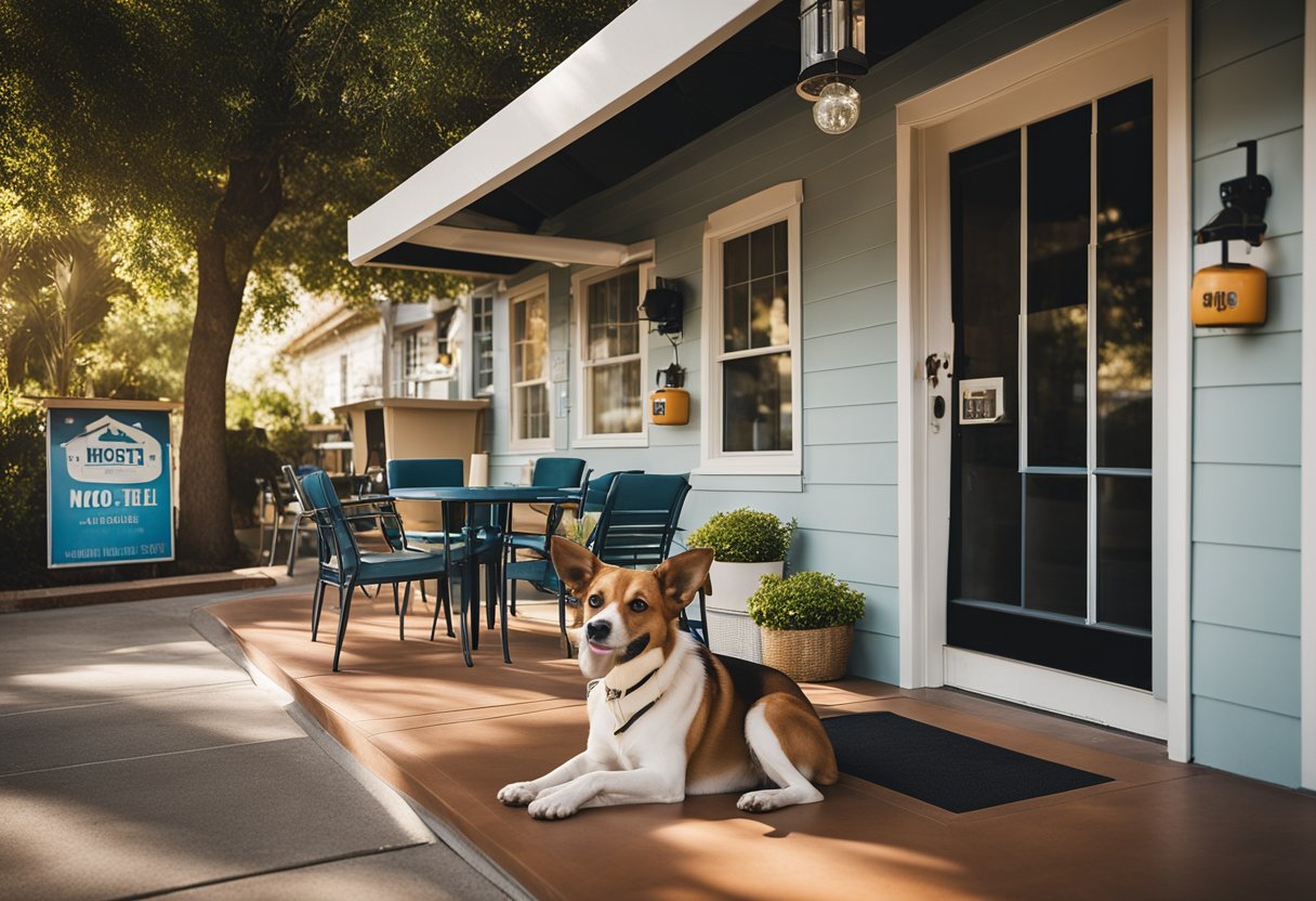 A cozy roadside motel with a dog-friendly sign. Outdoor dining area with water bowls and shaded seating. Comfortable rooms with pet-friendly amenities