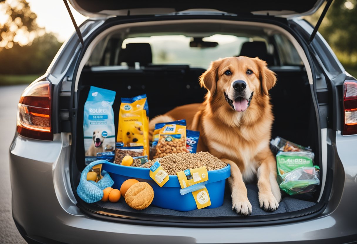 A dog sits in a car surrounded by travel essentials - water bowl, leash, and dog bed. The car trunk is open, revealing a stash of dog food and toys
