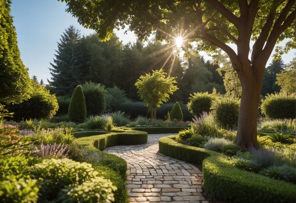 A garden filled with lush greenery and stone pavers, surrounded by trees and a clear blue sky, showcasing the environmental benefits of using natural stone in landscaping