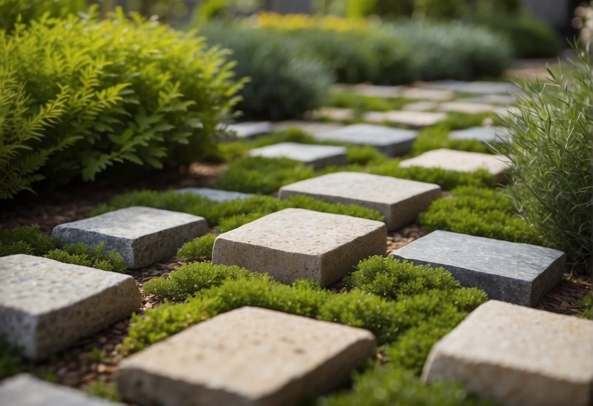 Various stone pavers lay in a garden, showcasing different types and profiles. Surrounding plants highlight the environmental benefits of using natural stone