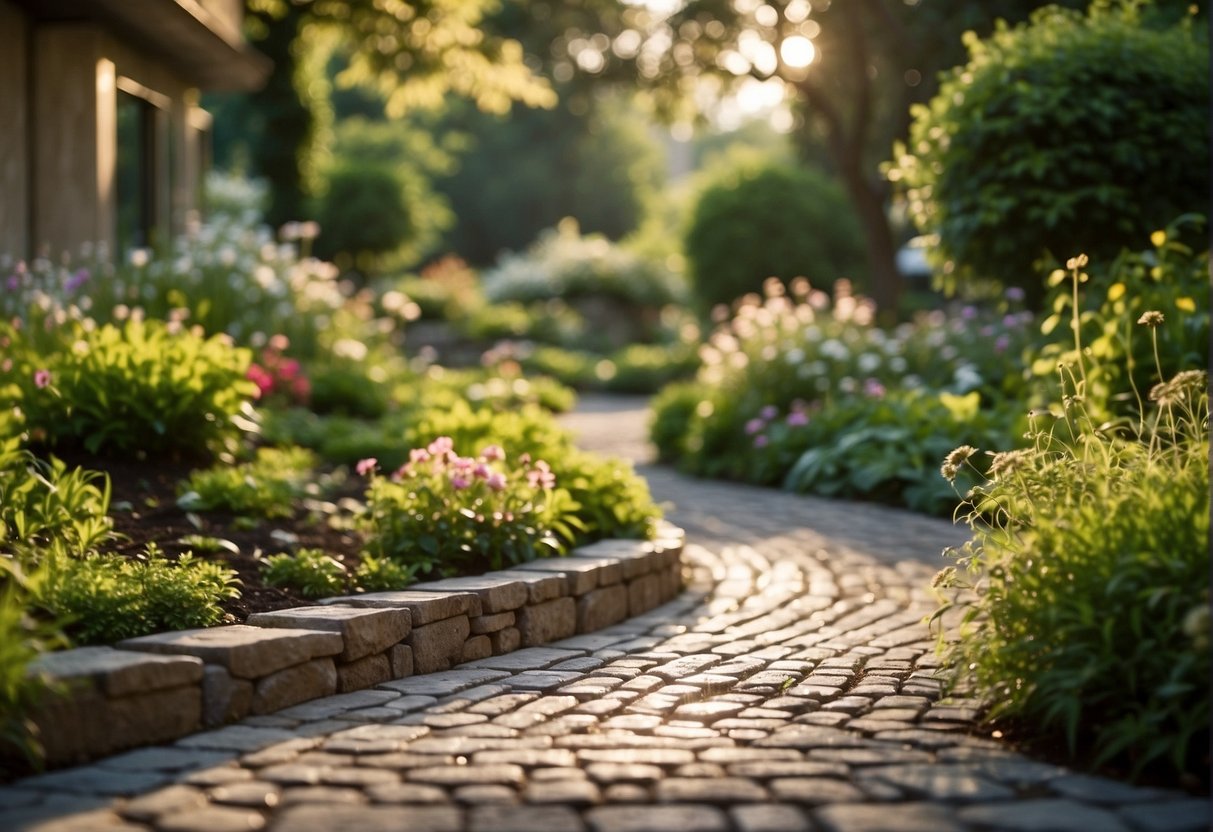 A stone paver pathway winding through a lush garden, with vibrant greenery and flowers surrounding it. The sun shines down on the durable and long-lasting stone pavers, showcasing their environmental advantages