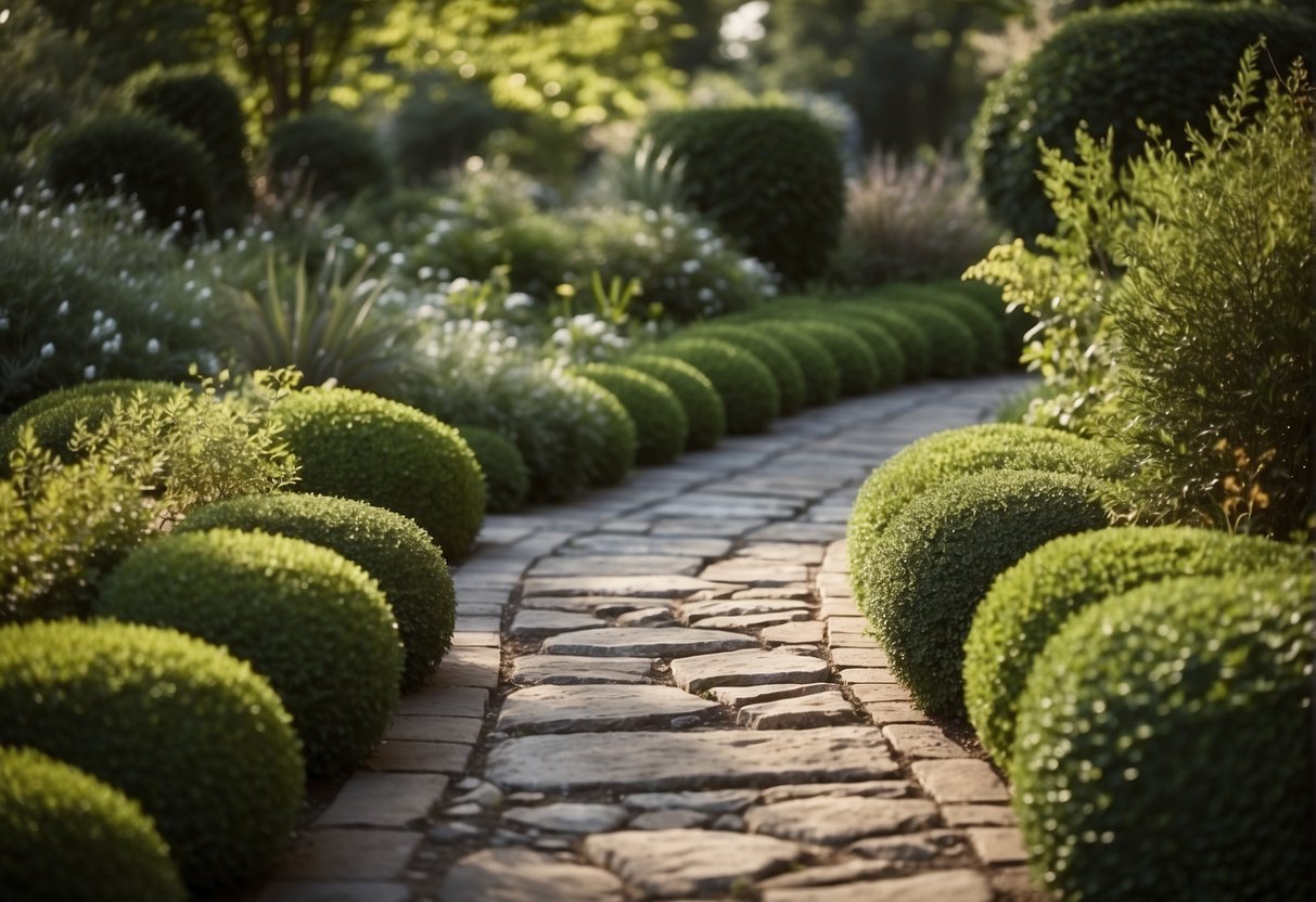 A stone paver pathway winds through a lush garden, highlighting the natural beauty and durability of the material. The earthy tones and textured surface create a visually appealing and environmentally friendly outdoor space