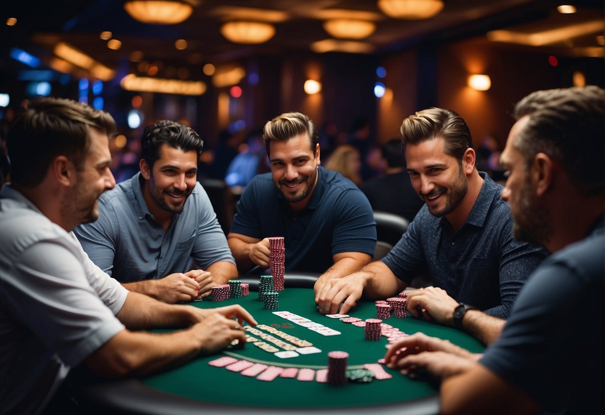 A vibrant online poker tournament with multiple tables and players competing from around the world. The virtual setting is filled with excitement and intensity as the game progresses
