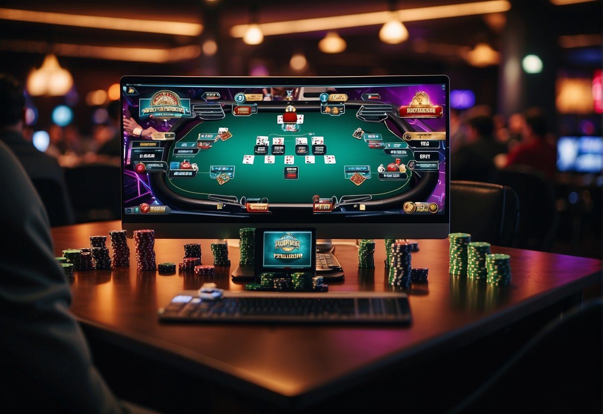 A vibrant online poker tournament with multiple players competing on various platforms. Excitement and intensity fill the virtual space as competitors strategize and make bold moves