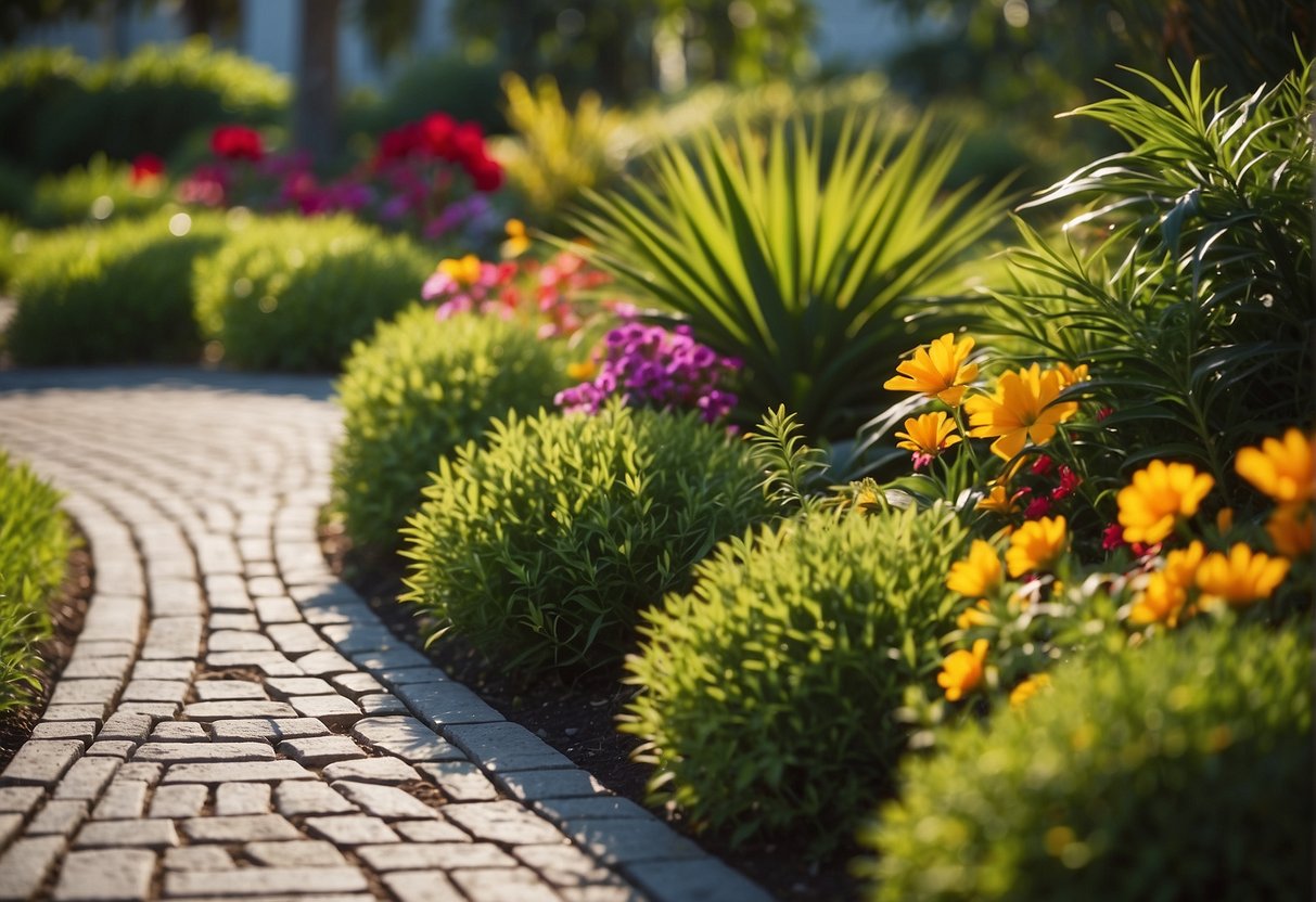 A lush garden with natural stone pavers winding through vibrant greenery and colorful flowers in Fort Myers, Florida. The sun shines down, casting a warm glow on the textured surfaces of the pavers