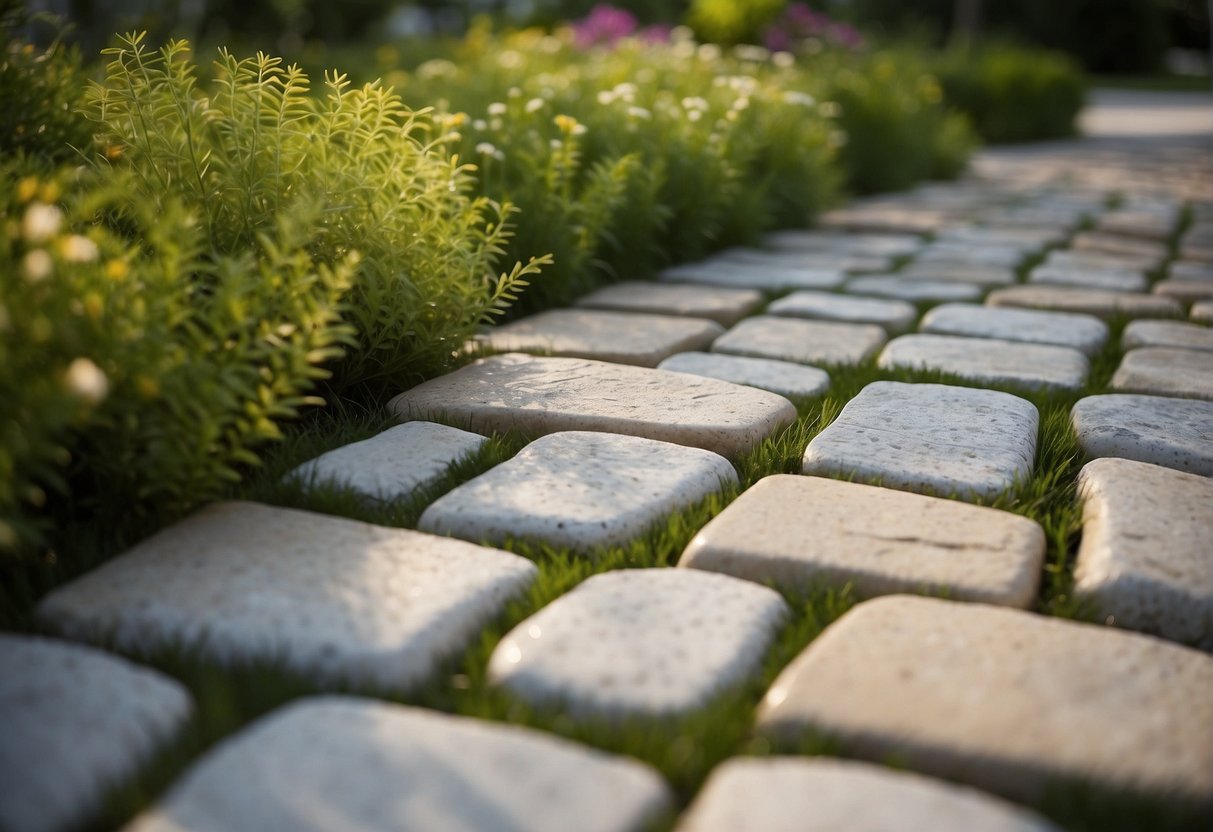 Natural stone pavers arranged in a variety of patterns and colors, surrounded by lush greenery and flowering plants in a Fort Myers landscape