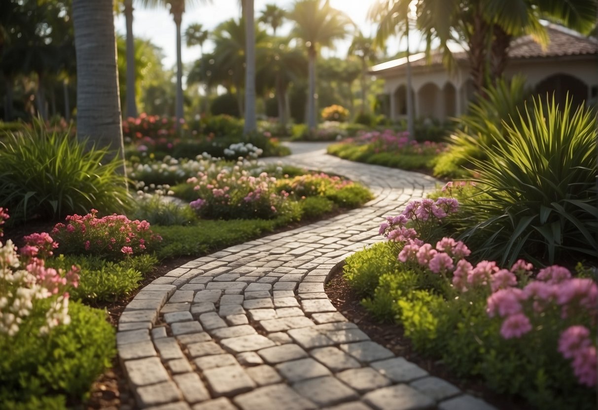 Natural stone pavers arranged in a winding pathway through a lush garden, surrounded by vibrant greenery and blooming flowers in a Fort Myers landscape