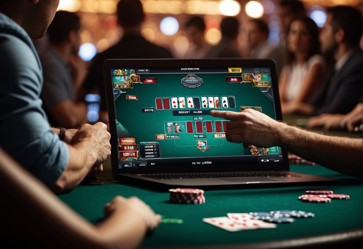 A crowded online poker tournament with players at their screens, intense concentration, and virtual poker chips flying across the digital felt