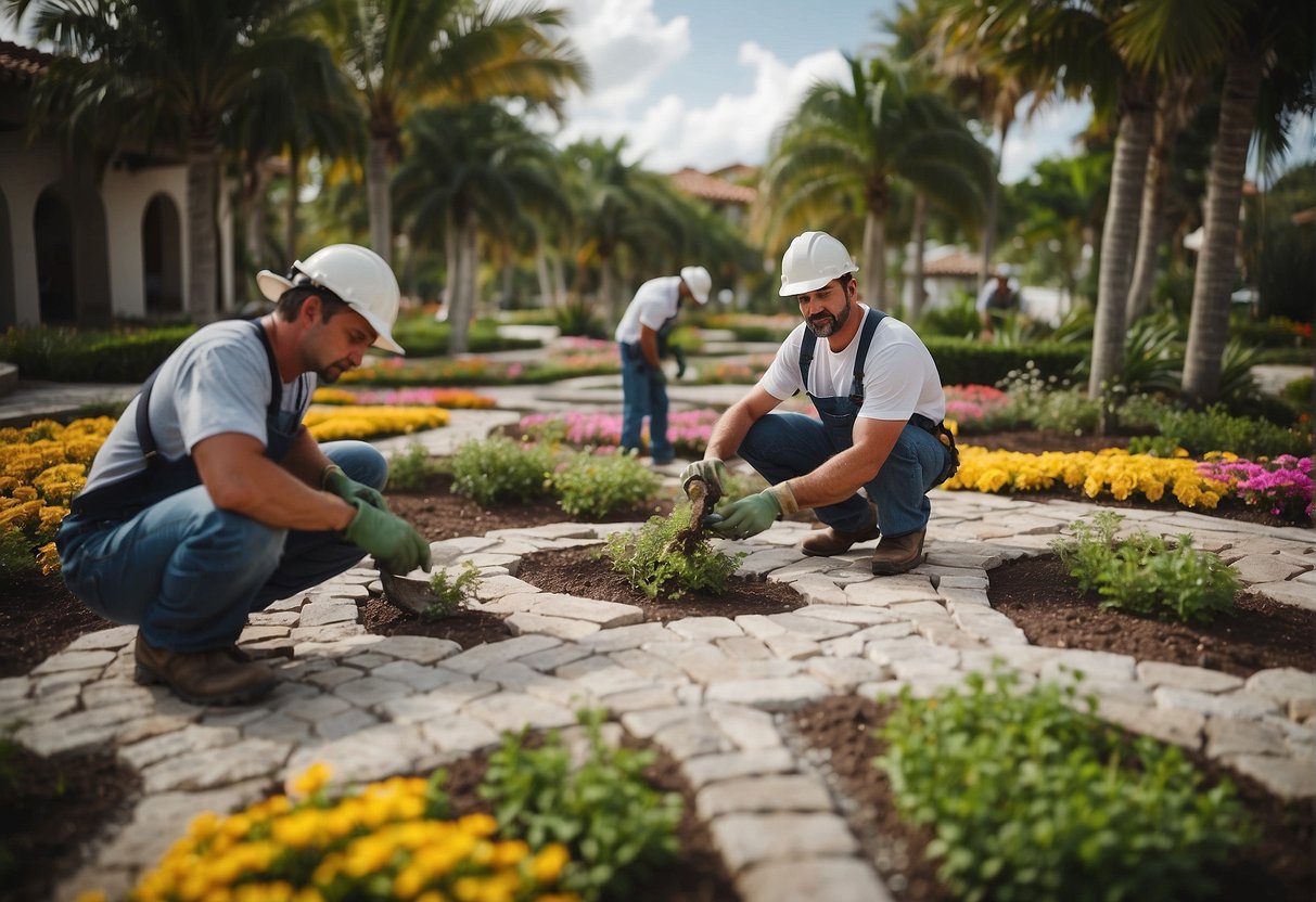 A team of workers installs natural stone pavers in a lush Fort Myers landscape, surrounded by vibrant greenery and colorful flowers