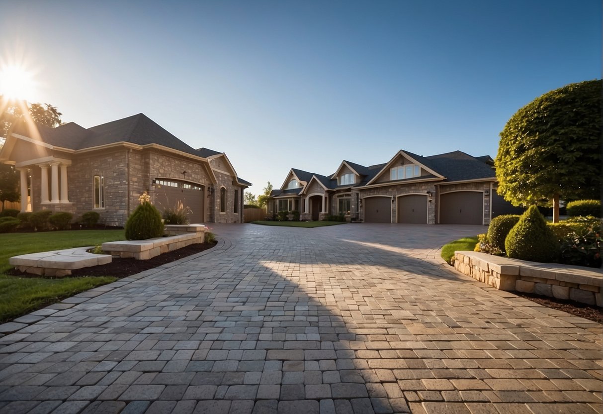 A driveway made of interlocking pavers, showcasing durability, versatility, and aesthetic appeal. Solid, interlocking blocks form a smooth, visually appealing surface