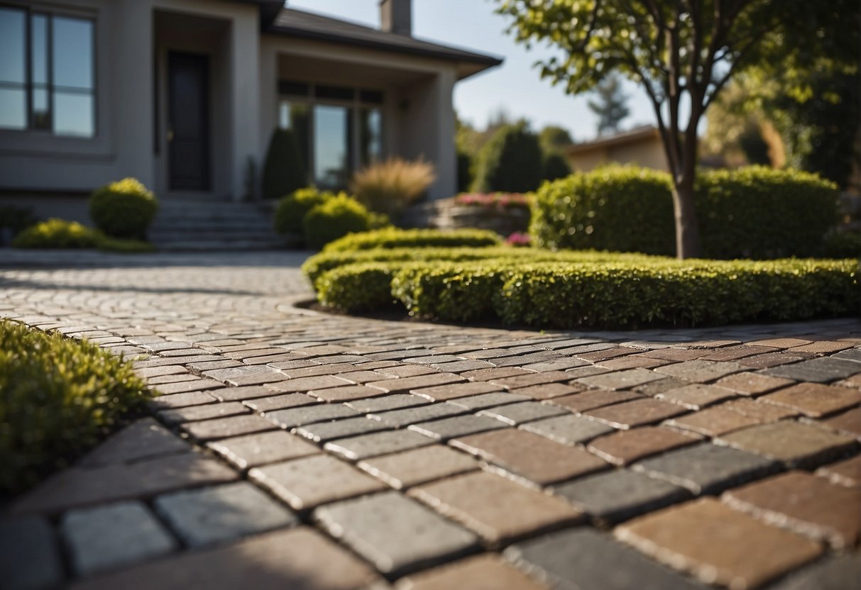 A driveway made of interlocking pavers, seamlessly blending with the surrounding landscape, showcasing the versatility and aesthetic appeal of the design