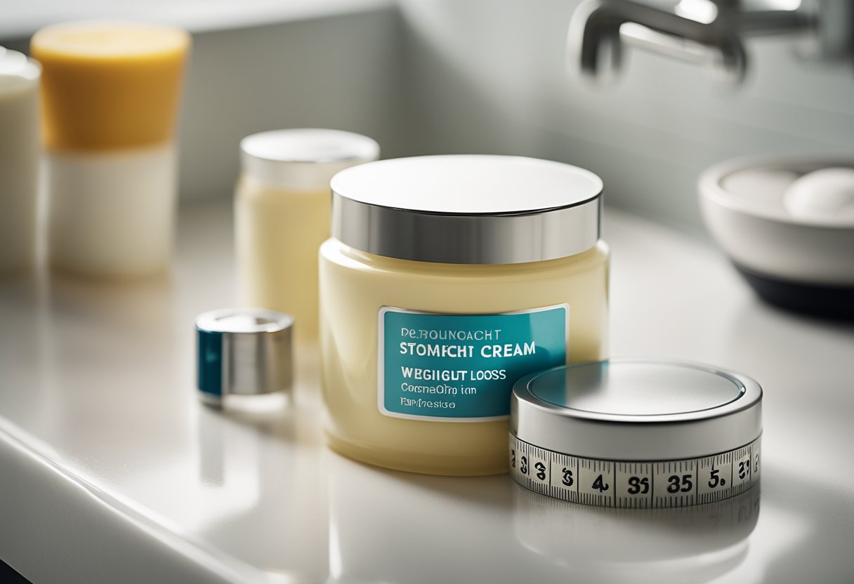 A jar of weight loss cream sits on a bathroom counter, surrounded by measuring tape and a scale. The cream is labeled specifically for stomach use