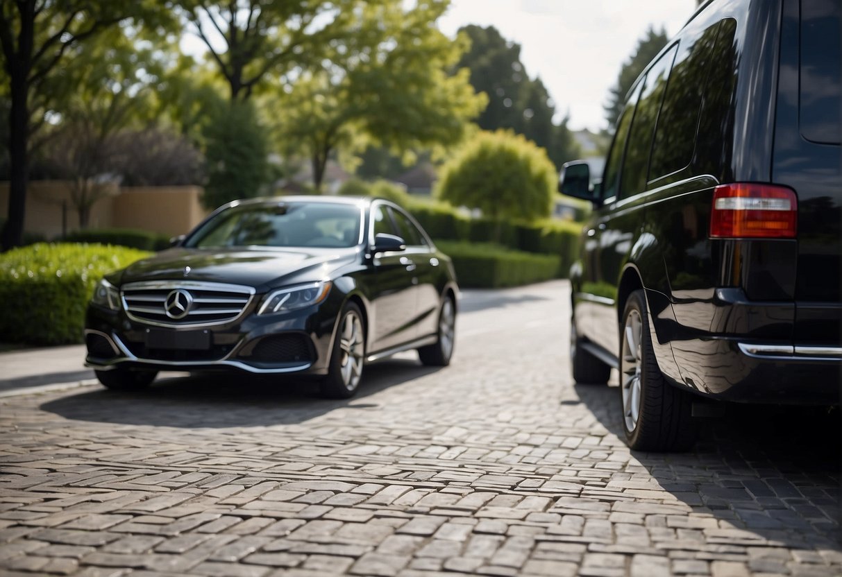 Interlocking pavers forming a durable and attractive driveway, surrounded by lush landscaping and complemented by a modern vehicle parked on the smooth surface