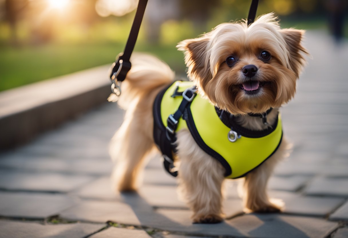 A small dog wearing a Puppia Vest Harness, walking confidently on a leash in a park