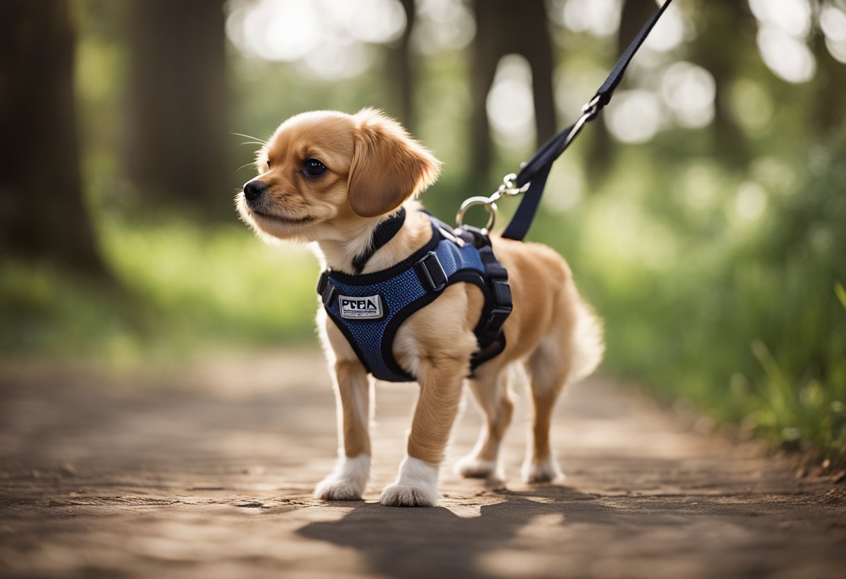 A small dog wearing a Puppia vest harness, with adjustable straps and a sturdy D-ring for leash attachment, walking confidently on a leash
