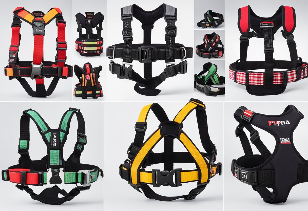 A collection of Puppia's vest harnesses displayed on a clean, white backdrop, showcasing various colors and patterns