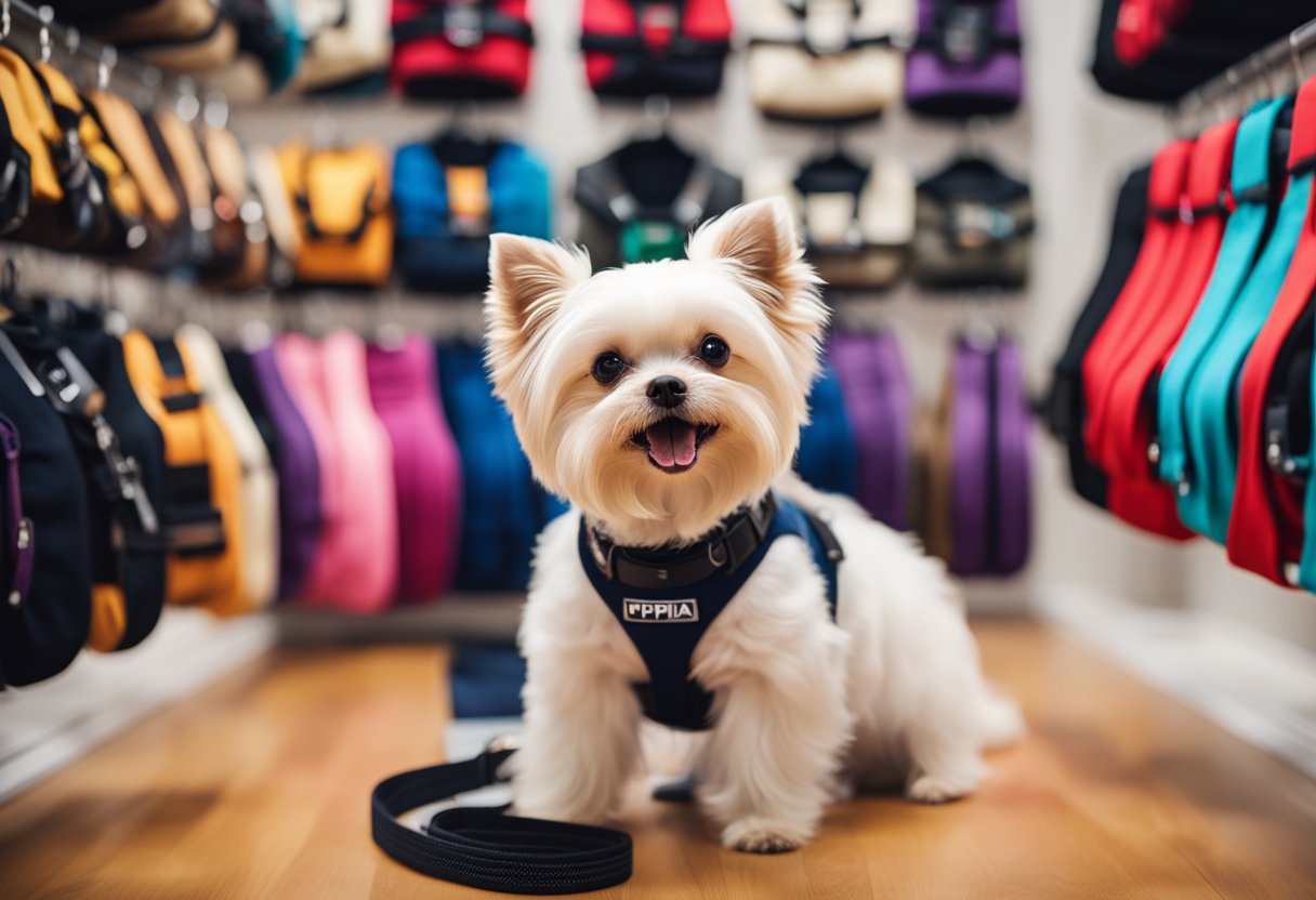A small dog sits patiently as its owner selects the perfect Puppia vest harness from a display of colorful options