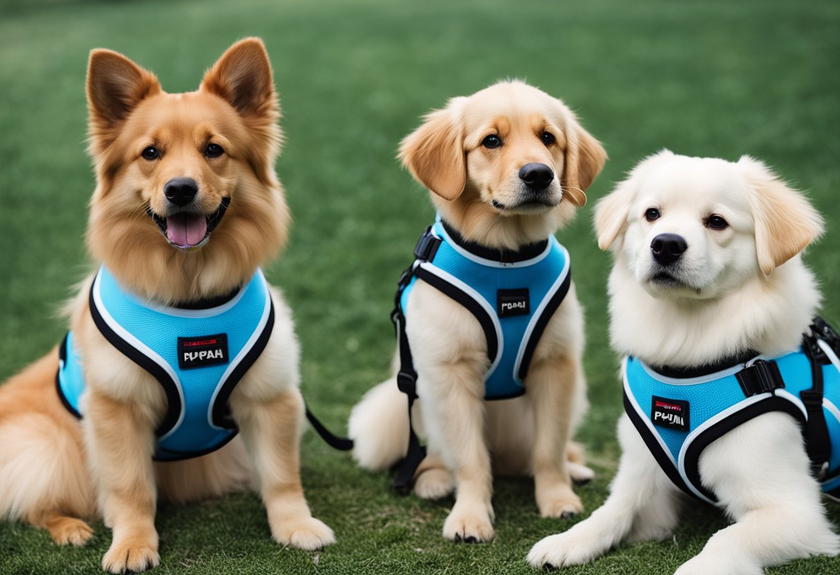 Dogs wearing Puppia Vest Harnesses in various sizes and colors, with adjustable straps and breathable mesh material for comfort and support