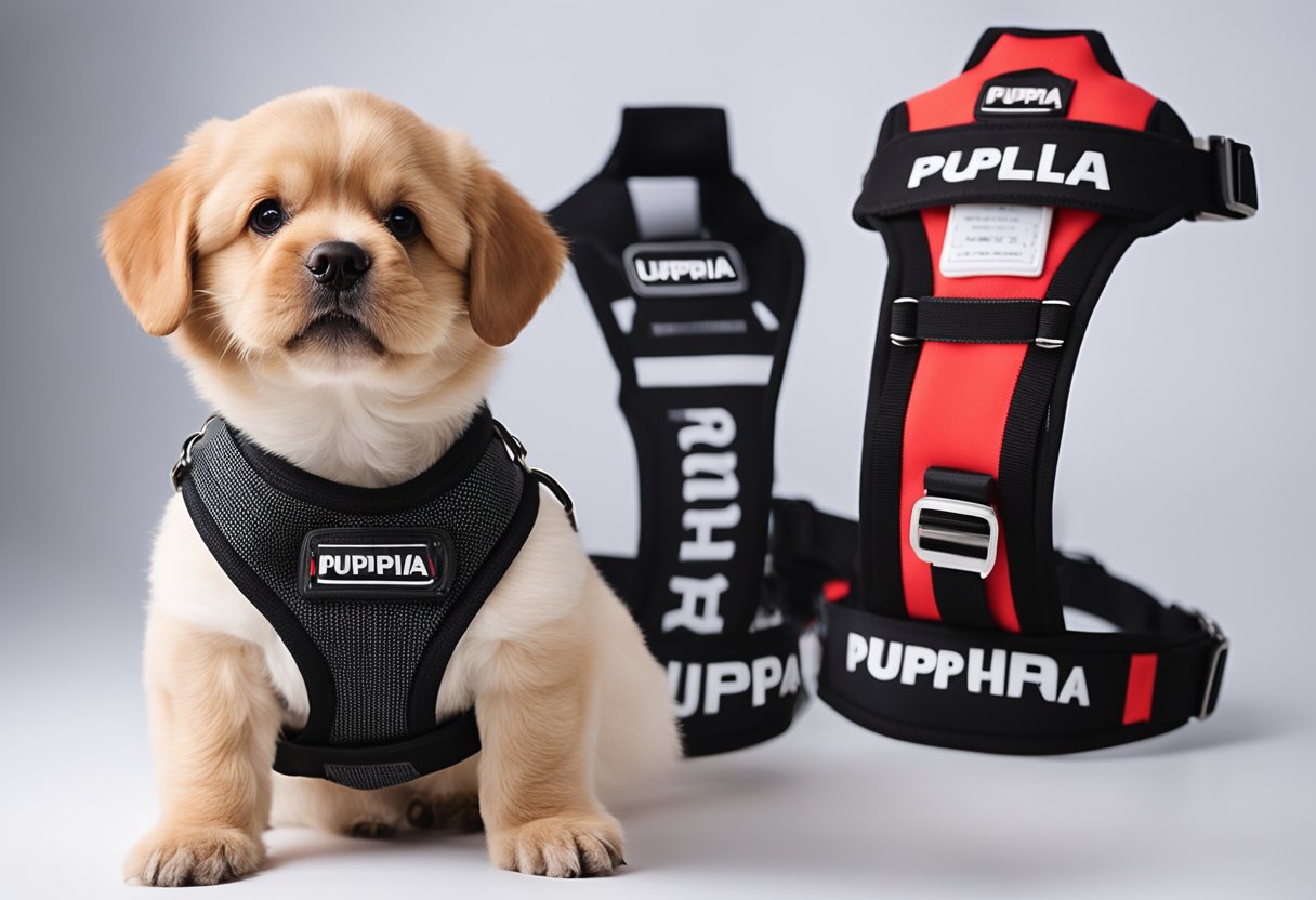 A collection of Puppia vest harnesses and matching accessories displayed on a clean, white backdrop with soft lighting