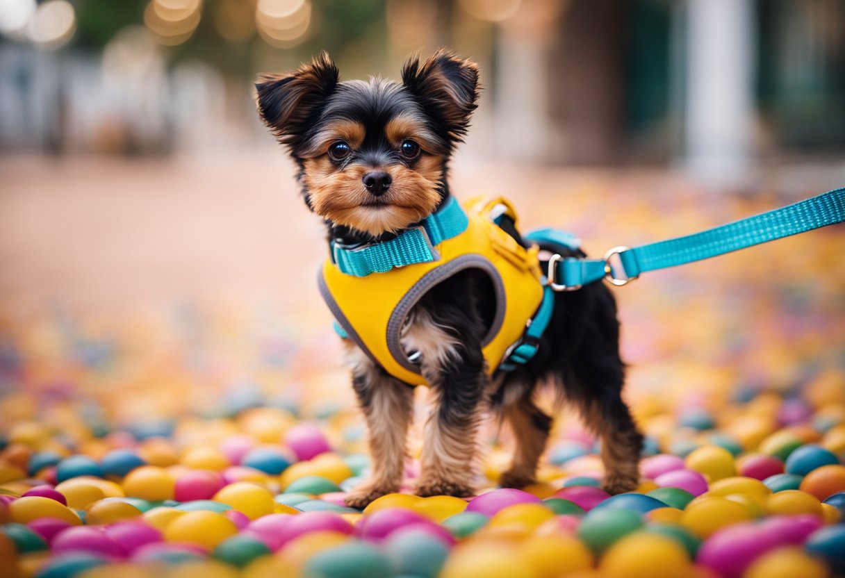 A small dog wearing a Puppia Vest Harness, walking confidently with a leash attached, surrounded by vibrant colors and a sense of playfulness