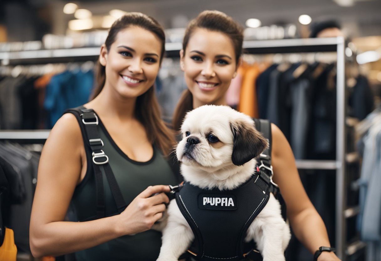 A customer buys Puppia Vest Harnesses while a support staff assists