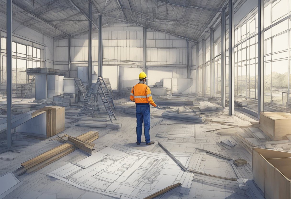 A technician inspects a building, checking for structural integrity and safety. Blueprints and tools are scattered around the site