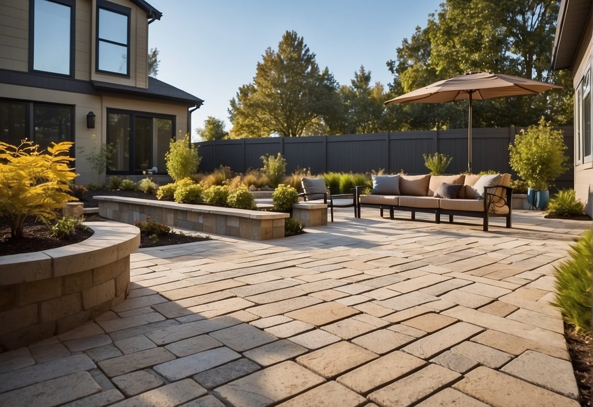 A patio layout with interlocking pavers, sand base, and edge restraints. A level surface with proper slope for drainage