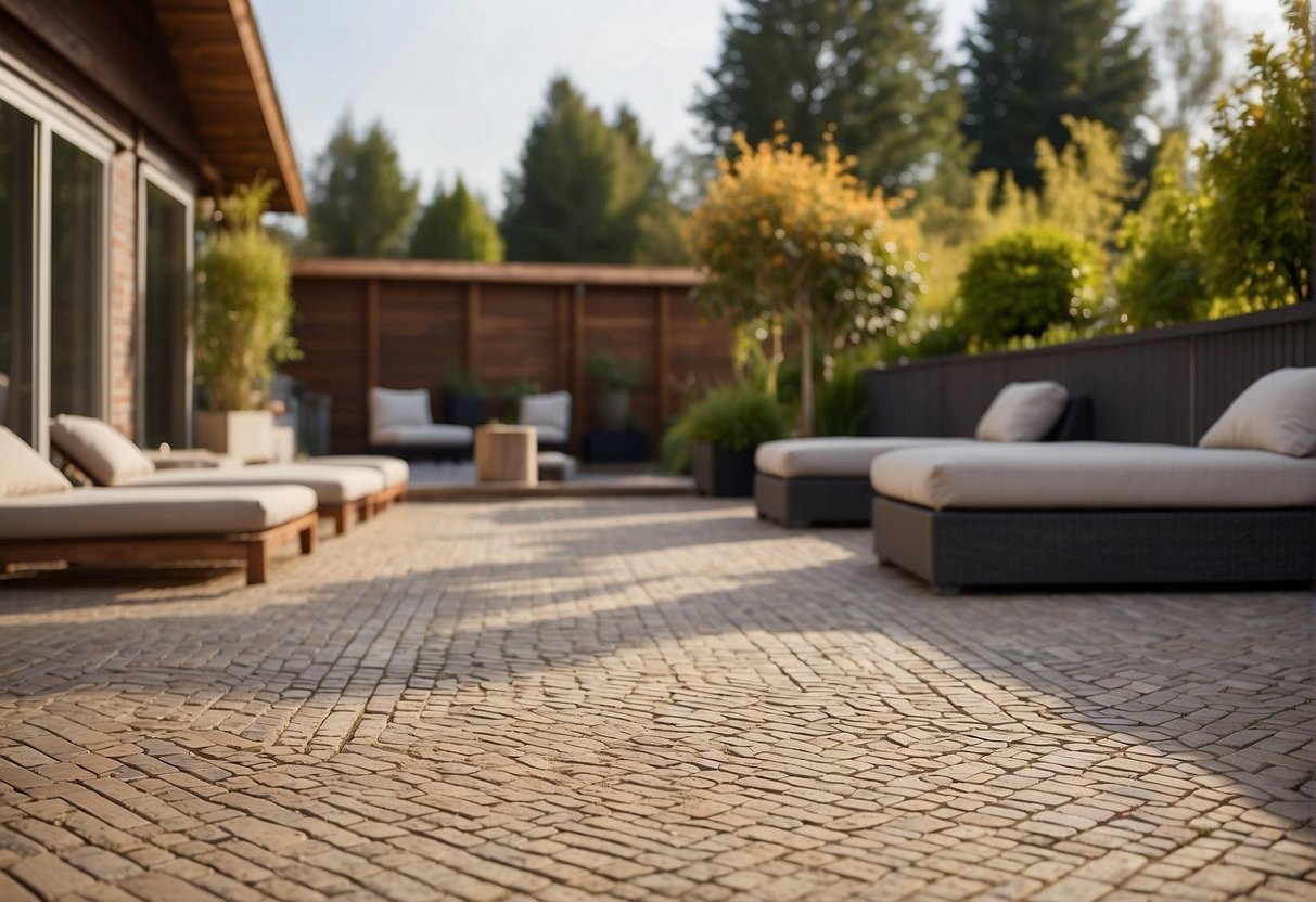 A level patio area with interlocking pavers laid out in a precise pattern, surrounded by sand and gravel for stability and drainage