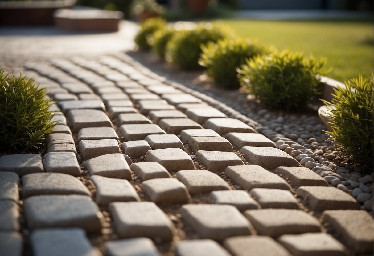 A patio area with interlocking pavers being installed in a staggered pattern, surrounded by a border of edging stones. Sand is being spread and compacted between the pavers, creating a smooth and level surface