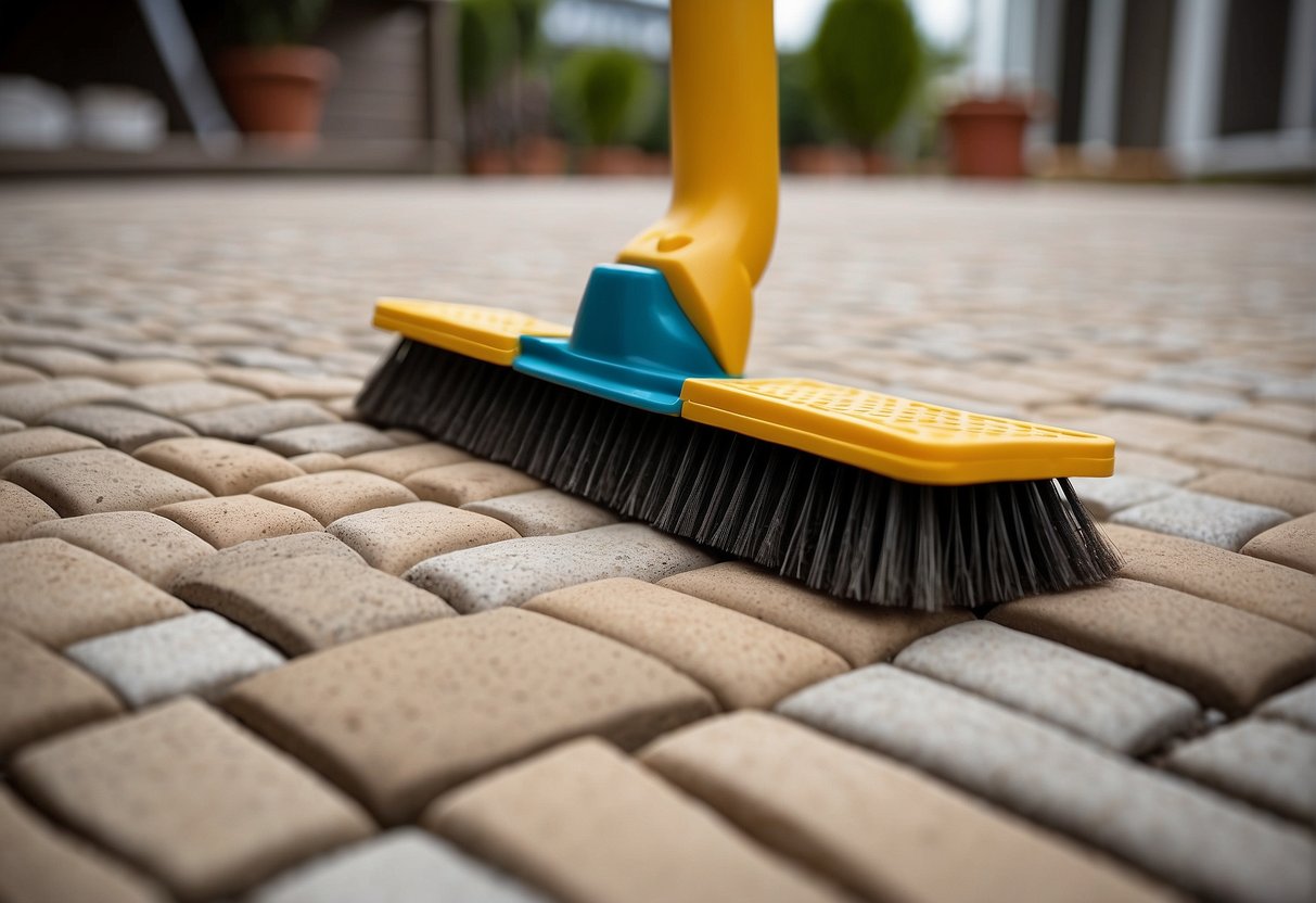 A patio with interlocking pavers being installed, a level surface with sand underneath, a mallet and rubber mallet for tapping pavers into place, and a broom for sweeping sand into joints