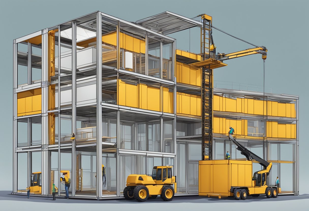 A modular building being assembled on a construction site, with different components being lifted and fitted together